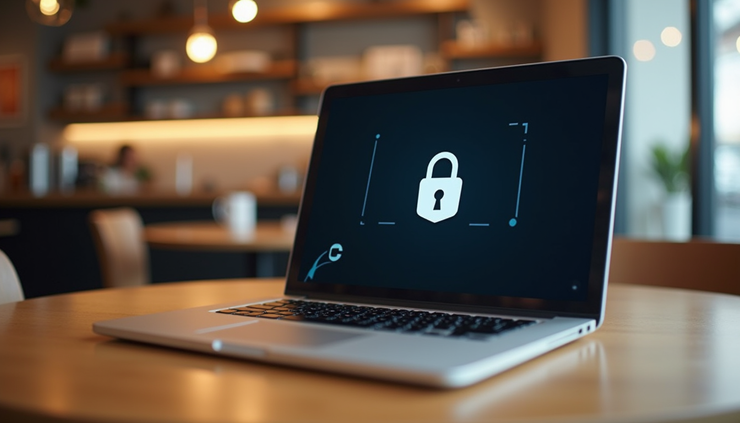 Eye-level view of a laptop connected to public WiFi in a cozy cafe