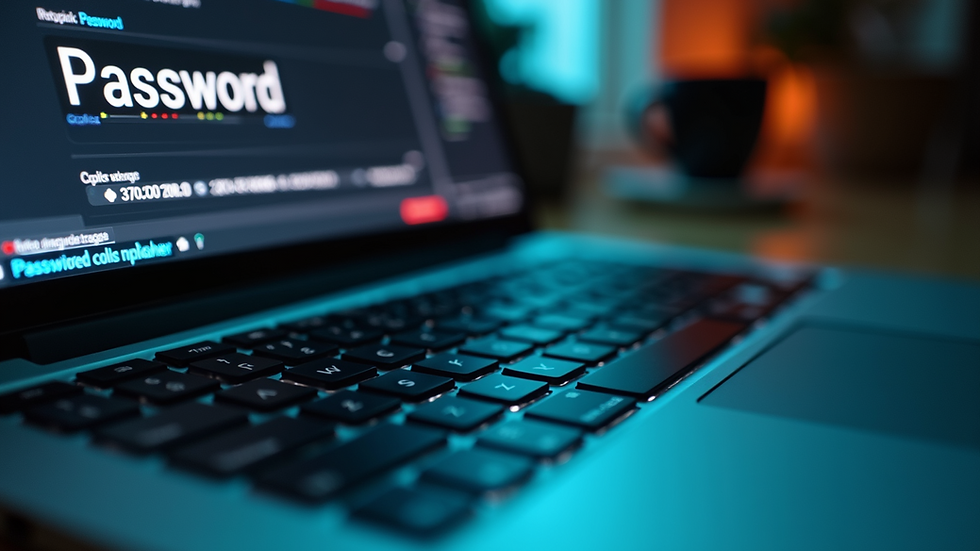 Eye-level view of a laptop keyboard with a strong password displayed on screen