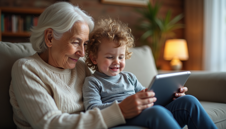 Eye-level view of a tablet screen showing a child-friendly educational app