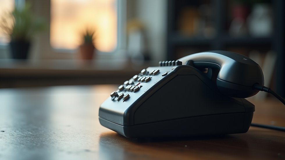 Eye-level view of a phone receiver on a table with a blurred background