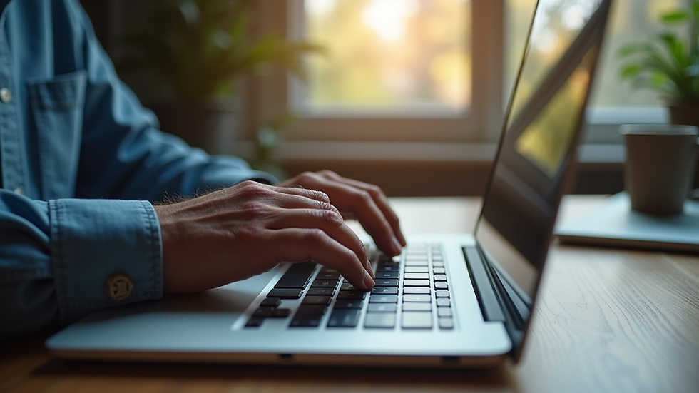 Eye-level view of a laptop keyboard with a senior's hand typing