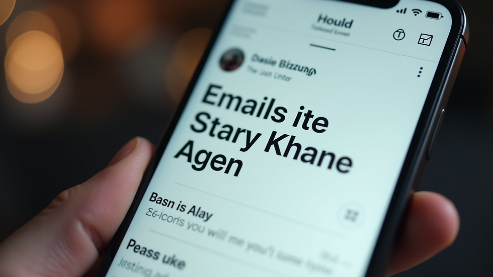 Close-up view of a smartphone screen showing an email inbox with large text