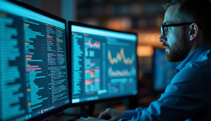 Close-up view of a cybersecurity professional analyzing digital threat data