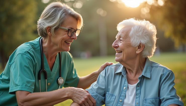 Eye-level view of a Florida senior citizen receiving assistance from a community volunteer