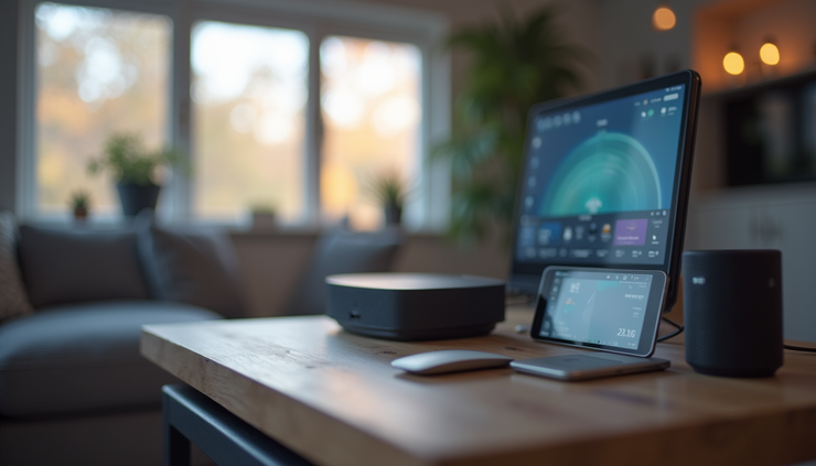 Close-up view of a smart home hub with multiple connected IoT devices