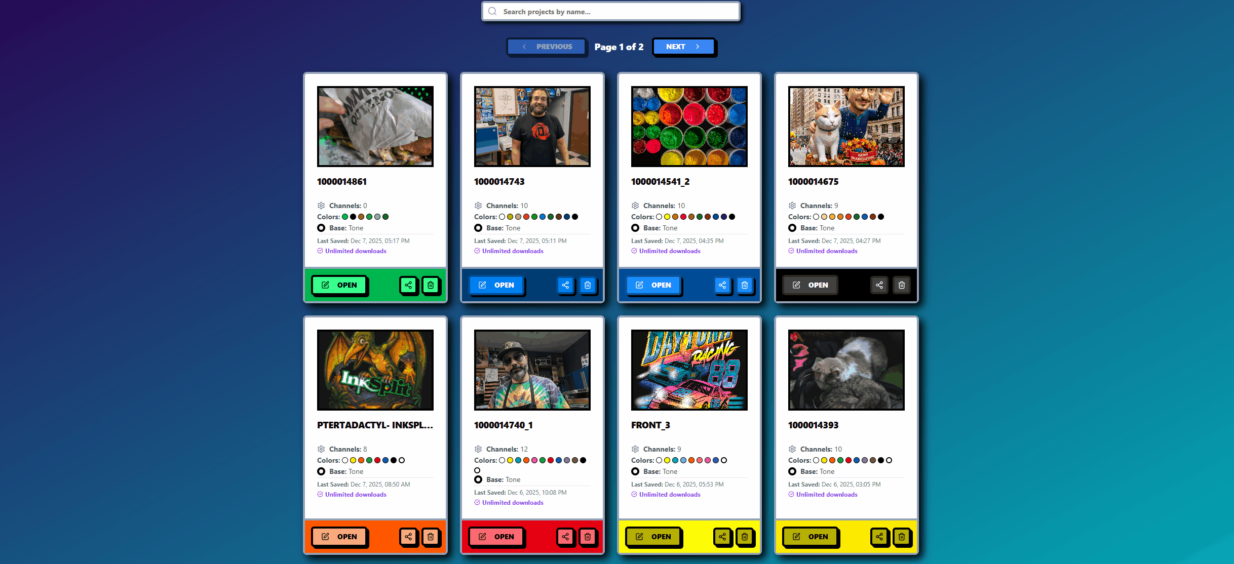 InkSplit project management dashboard organizing saved separations and print files.