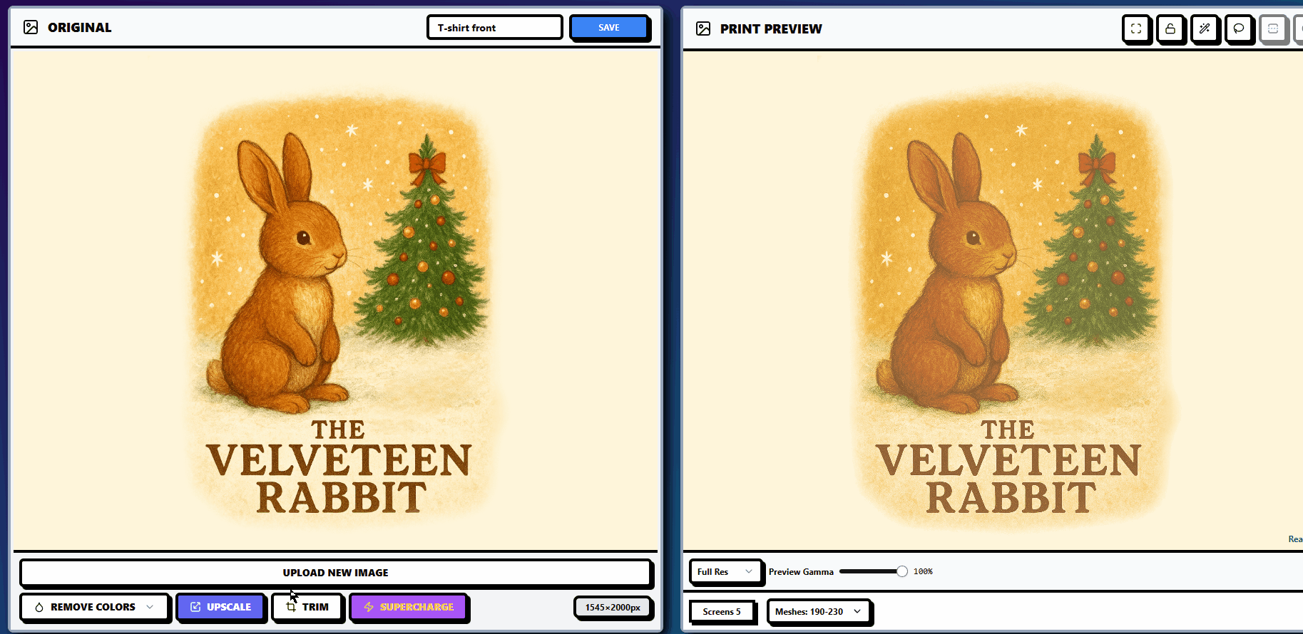 InkSplit upscale and trim feature enhancing artwork resolution and cropping edges.