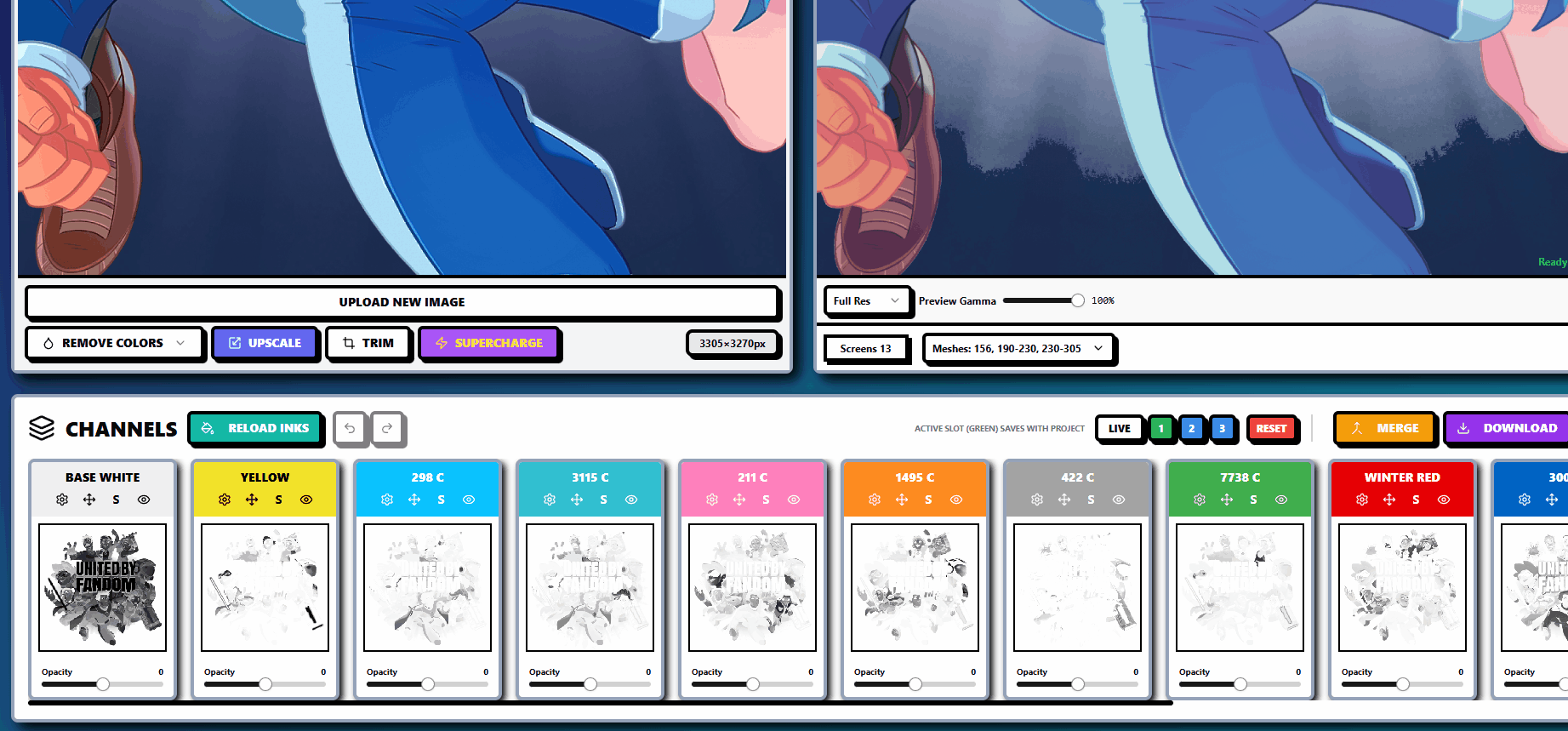 InkSplit opacity controls adjusting visibility of individual color channels during separation