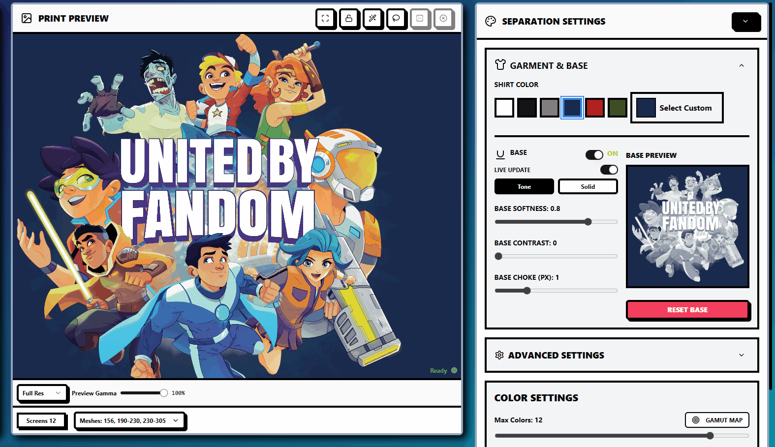 Live base preview in InkSplit showing real time underbase generation for screen printing.