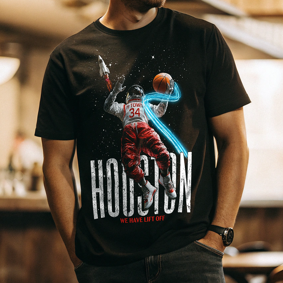 Man wearing a T-shirt depicting an astronaut dunking a basketball with "H-Town 34" and "Houston We Have Lift Off" text; space theme.