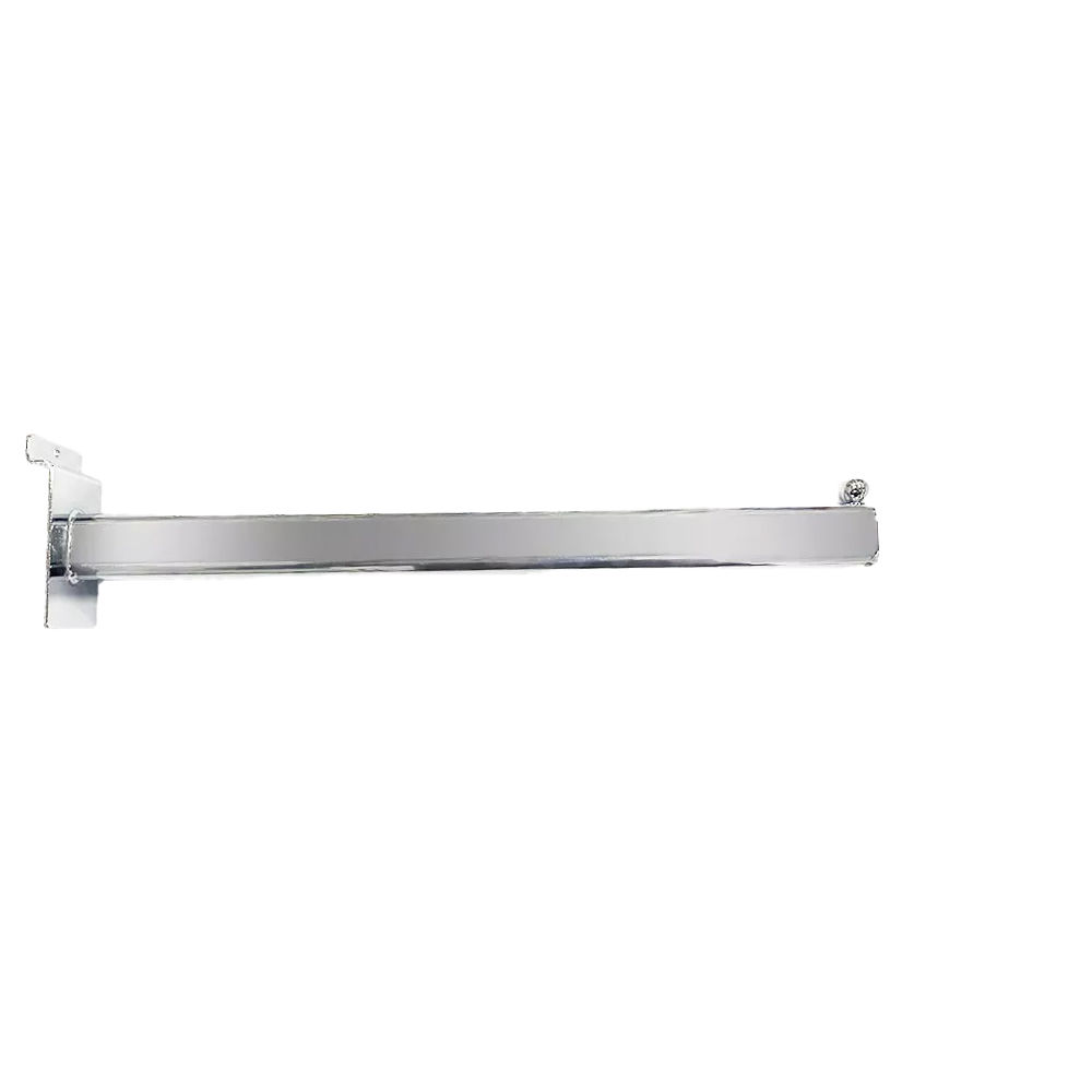 14-inch slatwall display arm with 1 bead sturdy chrome metal hook designed for slatwall panels, ideal for hanging garments on hangers while keeping items spaced and secure in retail stores, boutiques, and shopfitting setups. Durable and professional visual merchandising accessory.