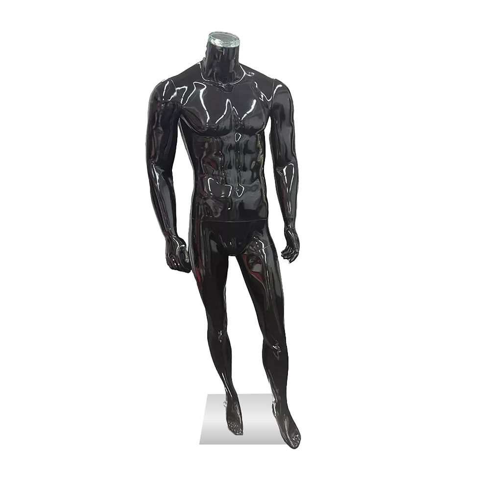 Black male fiberglass headless mannequin sleek and durable retail display figure designed for showcasing men's clothing, suits, jackets, and fashion accessories in stores, boutiques, and exhibitions. Lightweight yet sturdy construction with smooth matte black finish, ideal for professional shopfitting, visual merchandising, and organized apparel presentation.