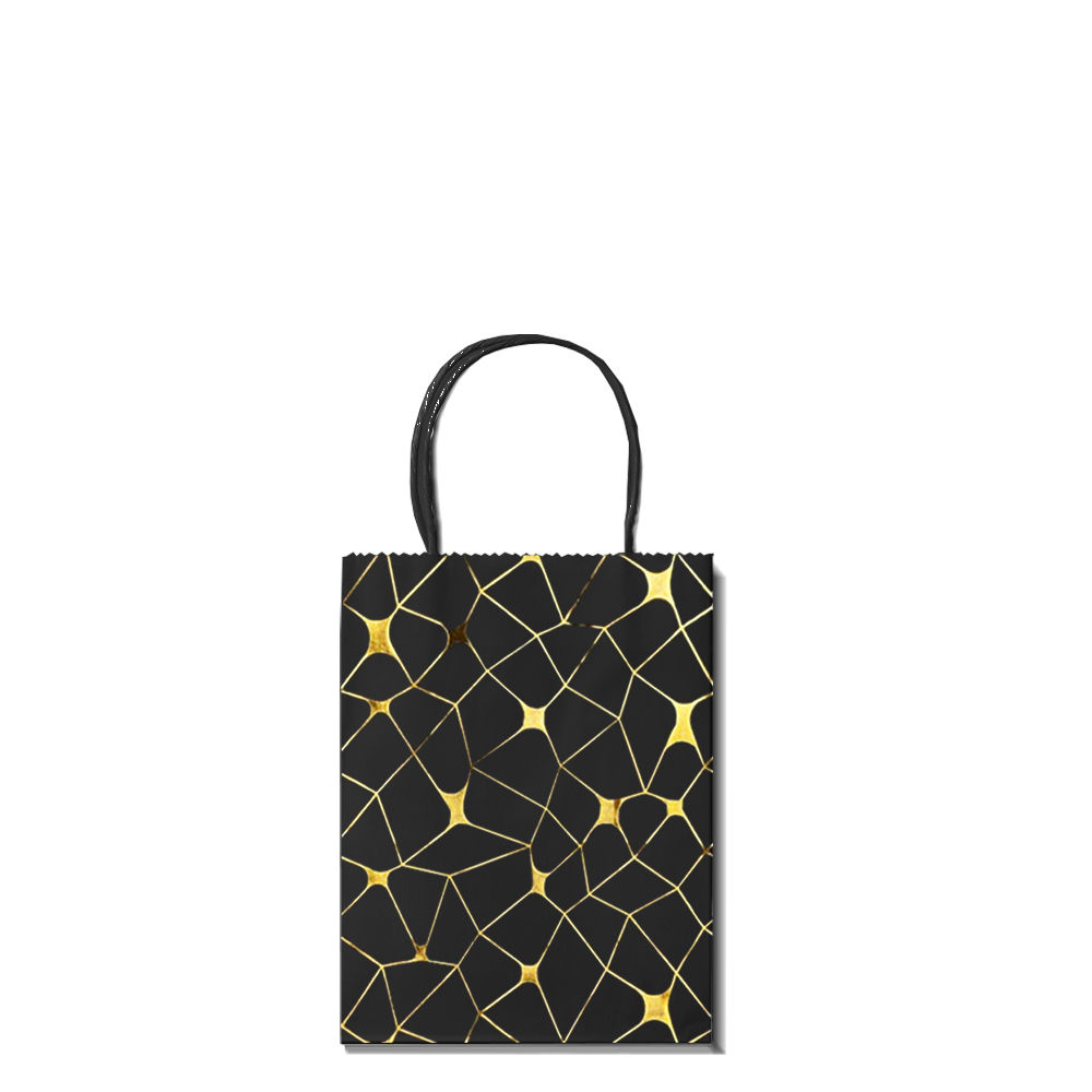 Fancy black gift bags with gold pattern 120gsm – compact 22x16x8cm sturdy paper bags featuring elegant gold design, ideal for