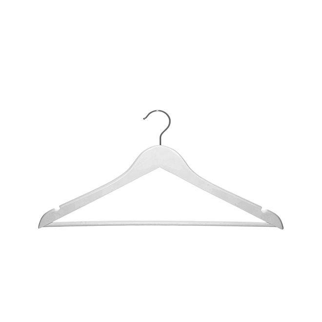 White wooden clothes hangers with 360-degree rotatable chrome hooks elegant and durable trouser hangers ideal for retail