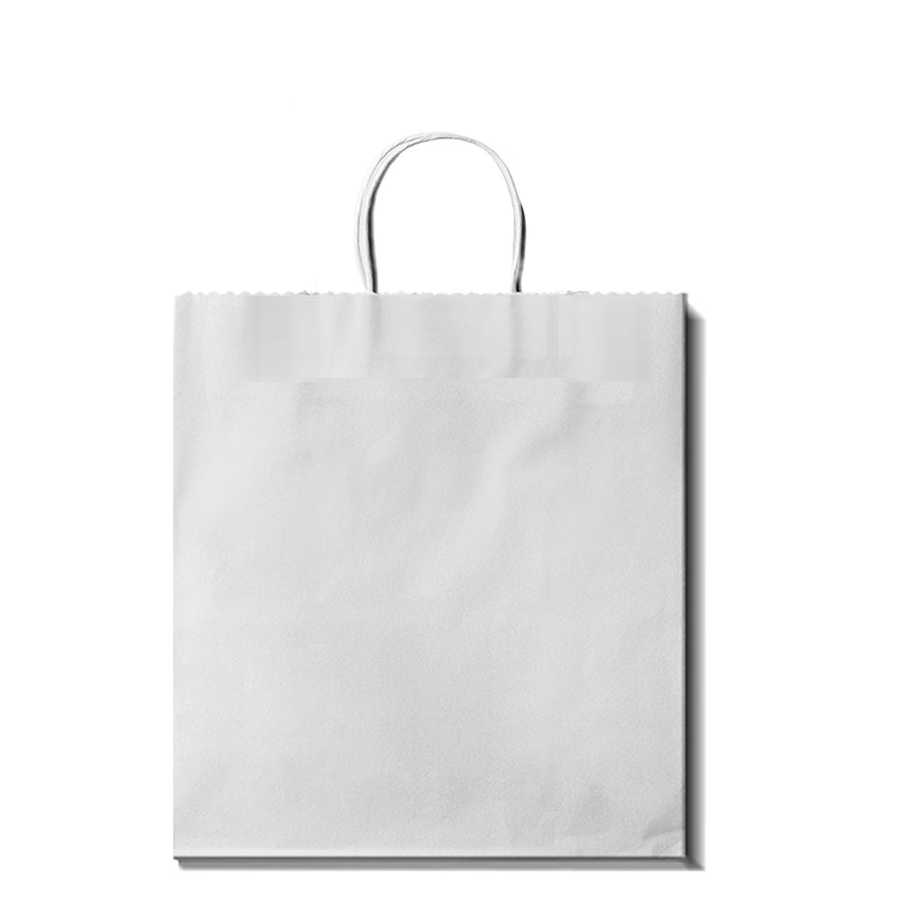 White paper bag made from 120gsm strong kraft paper, measuring 32 x 26 x 12 cm ecofriendly and durable retail shopping bag with reinforced twisted handles. Ideal for boutiques, clothing stores, gift shops, and takeaway packaging. Stylish and sustainable solution for professional product presentation and branding.