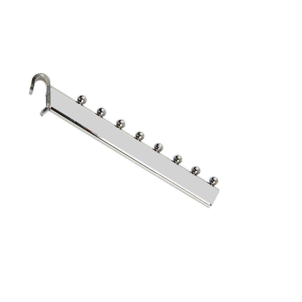 14 inch over-the-bar waterfall slope display hook with 8 beads durable chrome-plated metal retail display accessory designed for hanging multiple garments or accessories on clothing rails. Features a sloped waterfall design with 8 beads for organized, space-saving merchandising in stores, boutiques, and professional shopfitting environments.