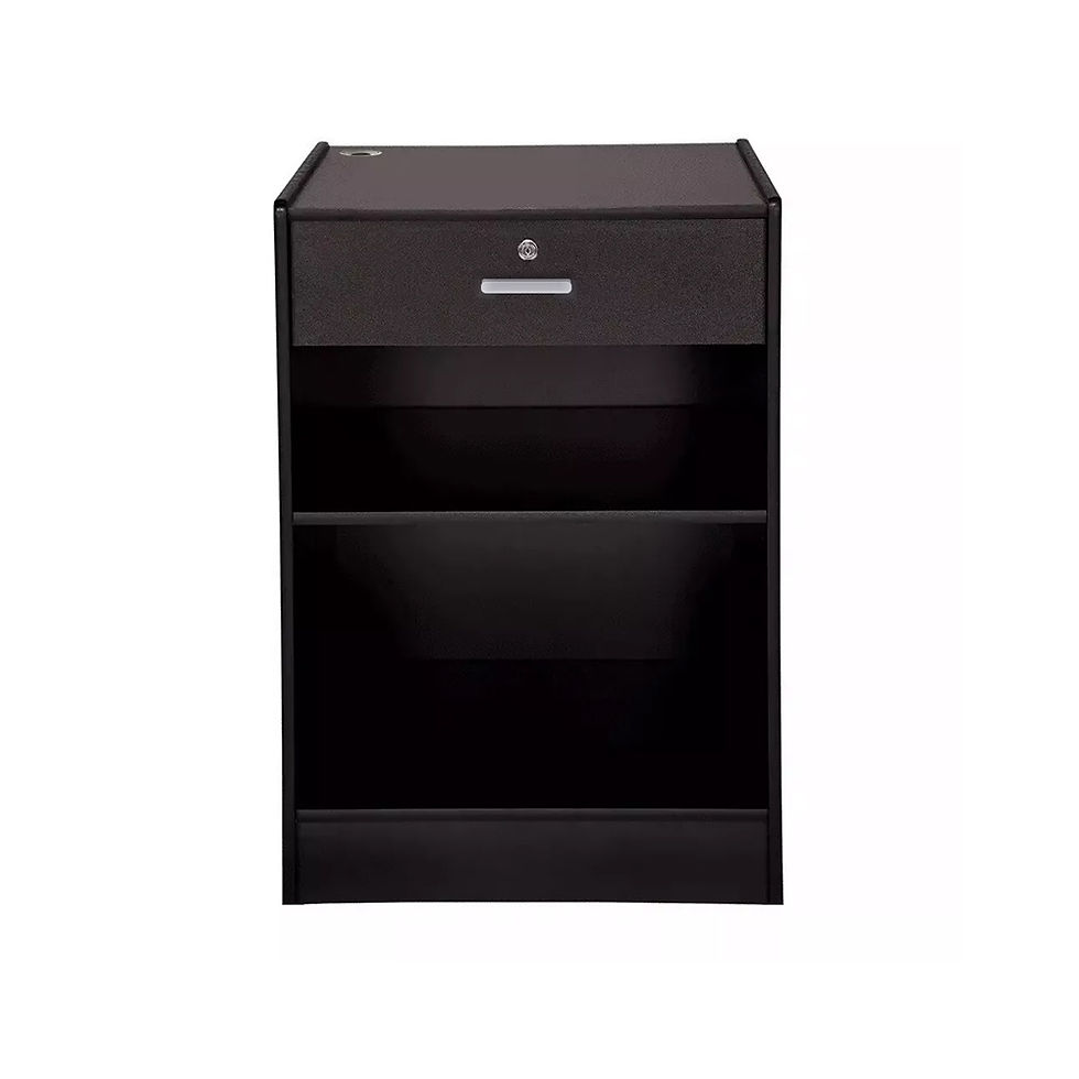 black Retail cash desk with built-in storage cabinet durable checkout counter with shelving and drawers for organized point-of-sale use in shops, boutiques, and showrooms. Ideal shopfitting solution for secure transactions and efficient workspace management.
