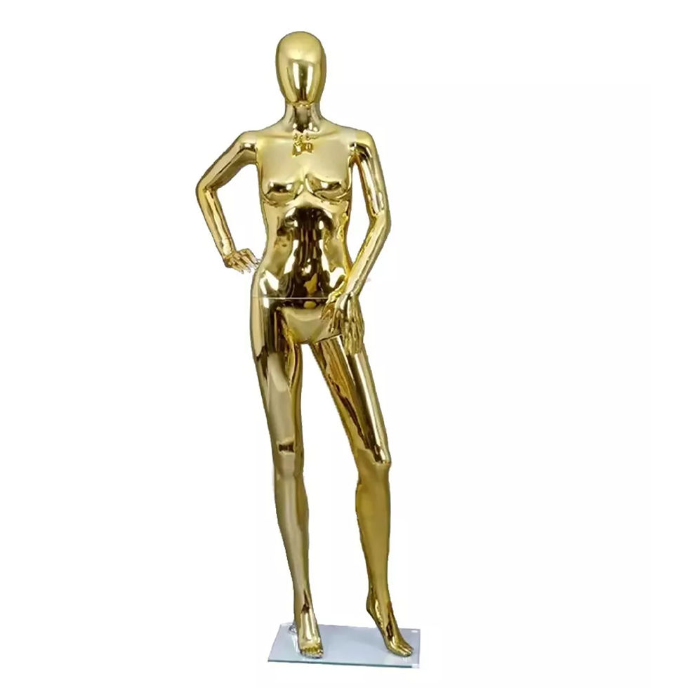 Stunning gold plastic female mannequin full-body retail display figure with a glossy gold finish, perfect for showcasing women’s fashion in boutiques, clothing stores, and showroom shopfitting setups. Eye catching and durable design ideal for modern visual merchandising.