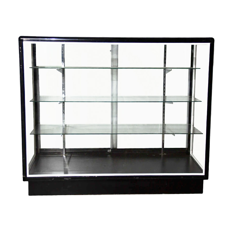 LED display counter with metal black base measuring 120 x 50 x 120 cm modern illuminated retail showcase ideal for highlighting premium products, electronics, or jewelry. Features built-in LED lighting for enhanced visibility, durable metal base for stability, and a sleek design perfect for boutiques, showrooms, and professional shopfitting."