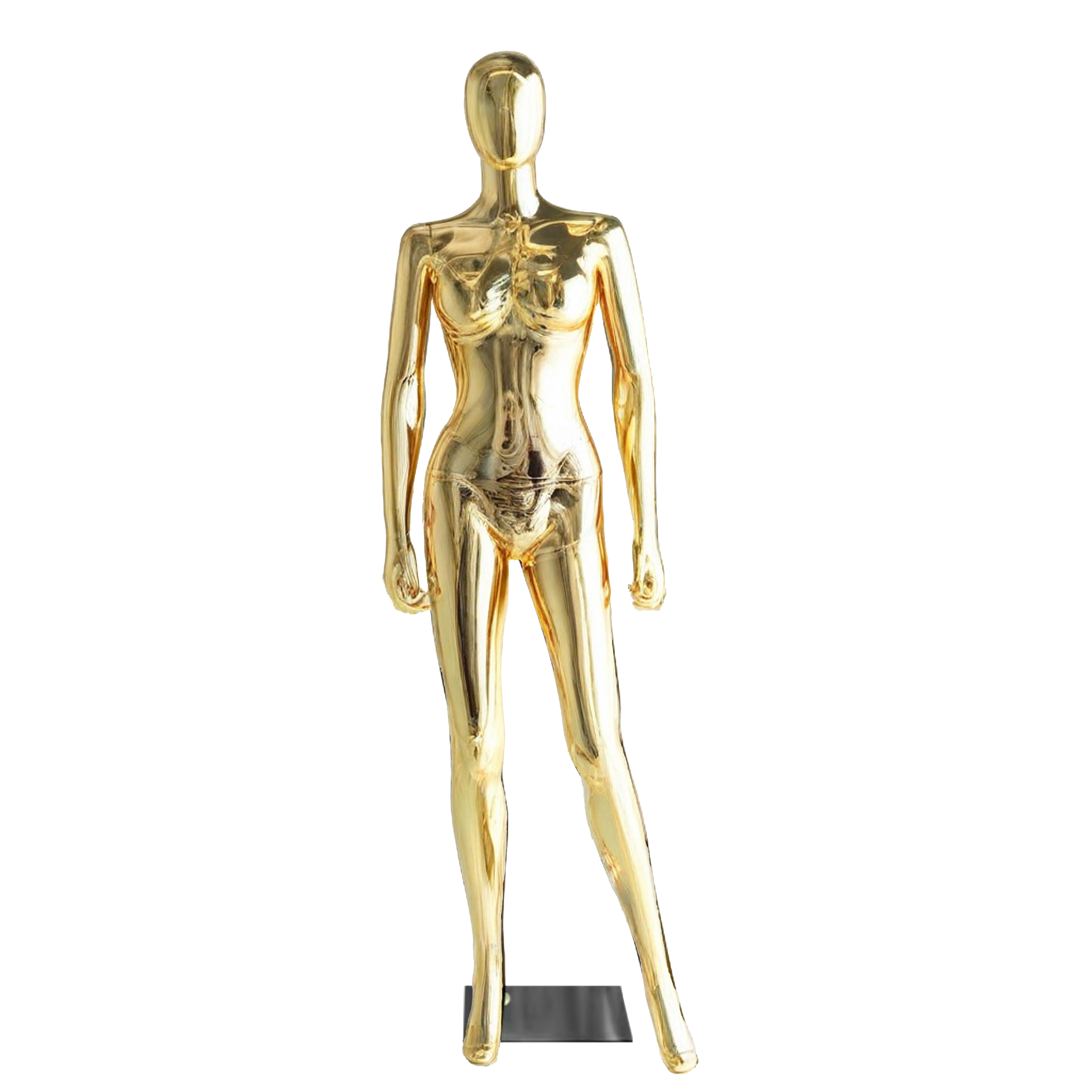 Gold straight arm female mannequin full-body retail display figure with sleek gold finish and straight arm pose, designed to showcase women's fashion apparel in boutiques, clothing stores, and shopfitting environments. Durable fiberglass construction perfect for professional visual merchandising and elegant garment presentation.