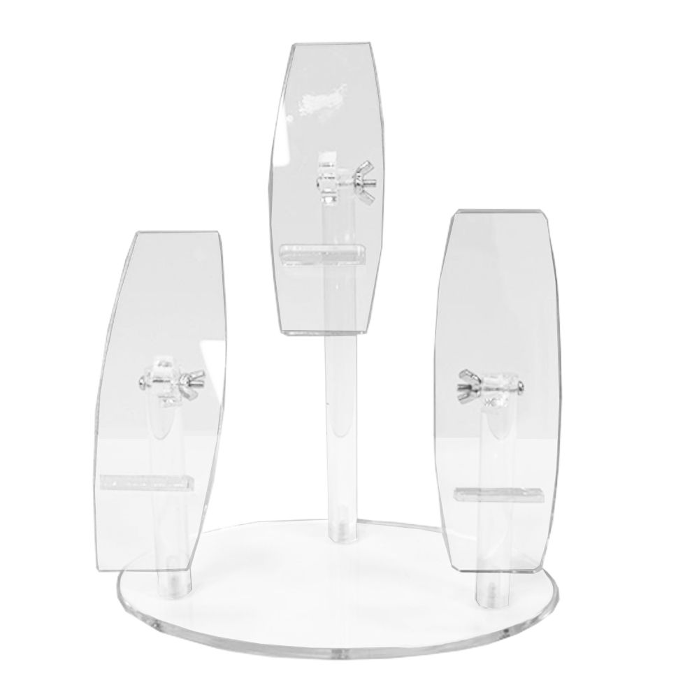 3-tier clear acrylic phone stand holder measuring 20 x 18 x 11.5 cm transparent multi-level display organizer ideal for showcasing smartphones and small electronics in retail stores, trade shows, and shopfitting environments. Durable acrylic construction for stylish, space-saving product presentation.