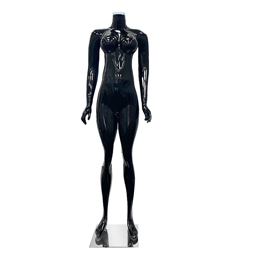 Headless black female athlete mannequin in dynamic sports pose full body fiberglass display ideal for showcasing activewear, sportswear, and fitness apparel in retail stores, gyms, and shopfitting environments. Durable and stylish visual merchandising mannequin designed for athletic fashion presentation.