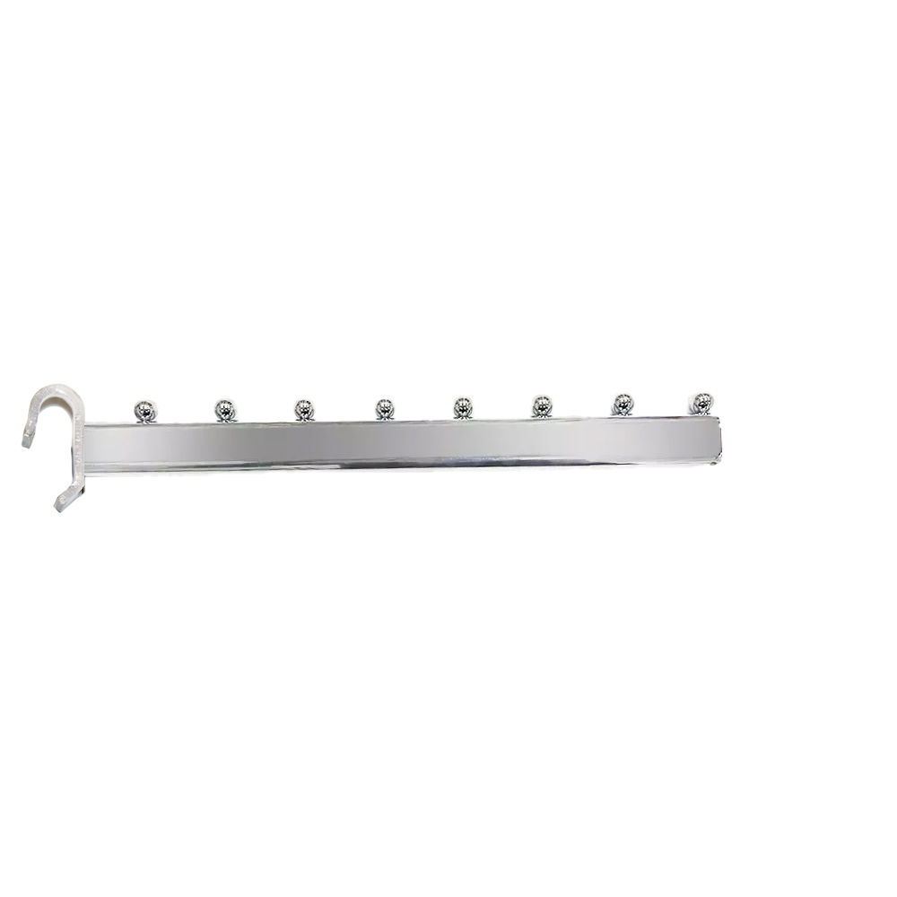 14-inch over-the-bar straight arm display hook with 8 beads chrome metal waterfall hook ideal for slatwall, gridwall, or bar displays in retail environments. Perfect for showcasing garments on hangers while keeping spacing even for professional visual merchandising.