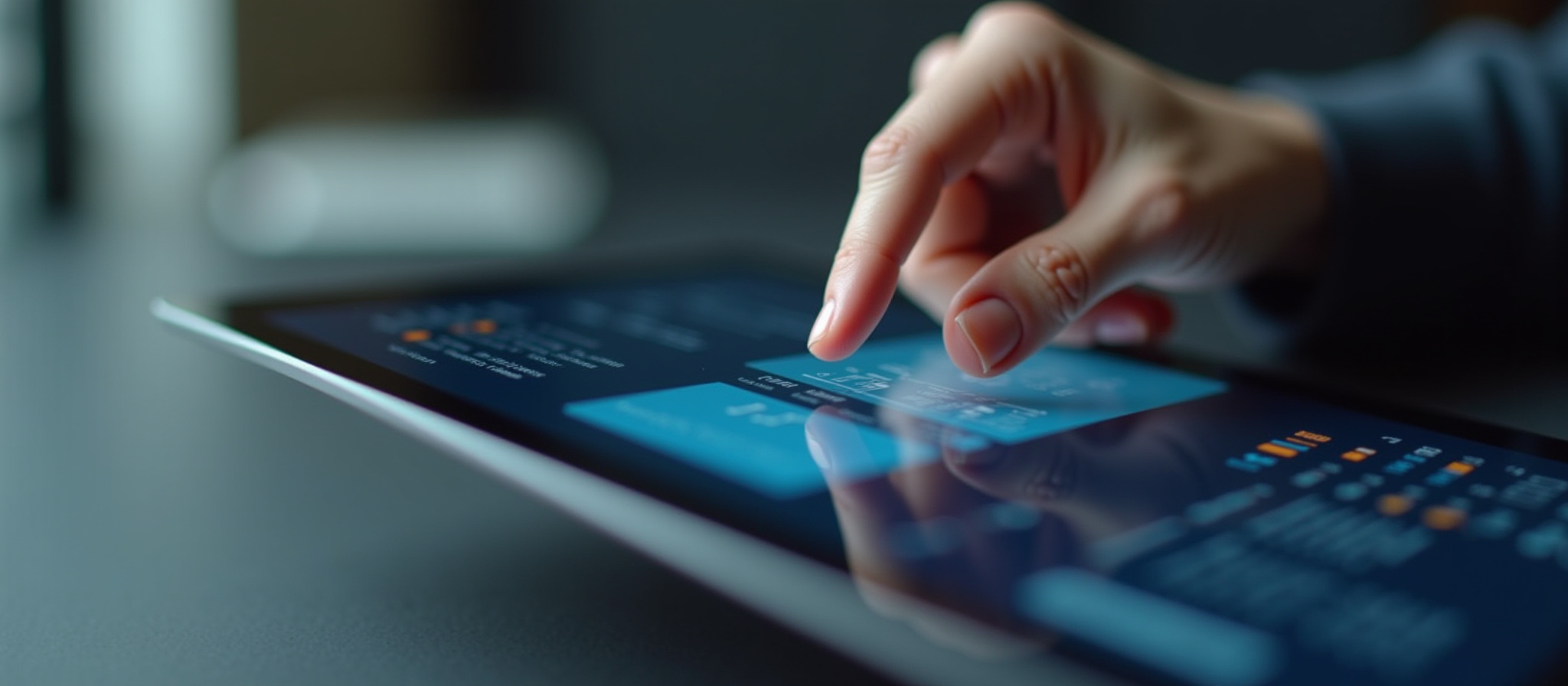 Hand tapping on a digital tablet screen displaying data and charts.