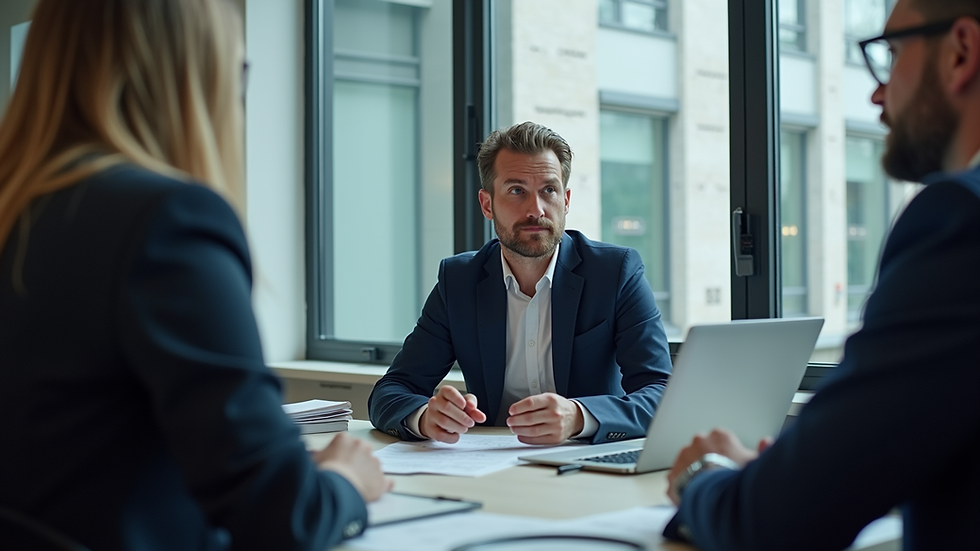 Eye-level view of a consultant explaining AI strategy to a business team