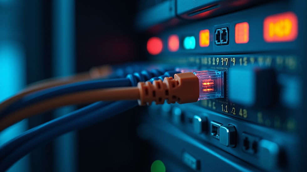 Close-up view of a server room with blinking lights and network cables