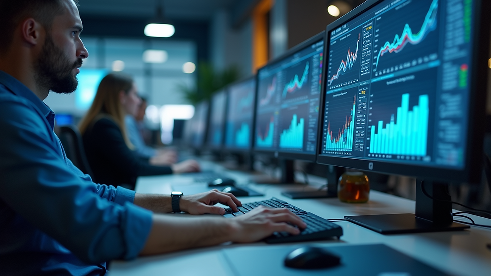 Eye-level view of a modern office workspace with multiple computer screens displaying data analytics