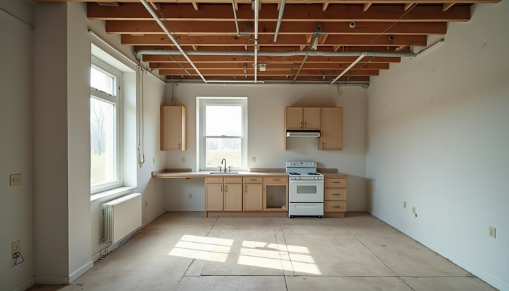 Eye-level view of a partially renovated kitchen with exposed wiring and unfinished flooring