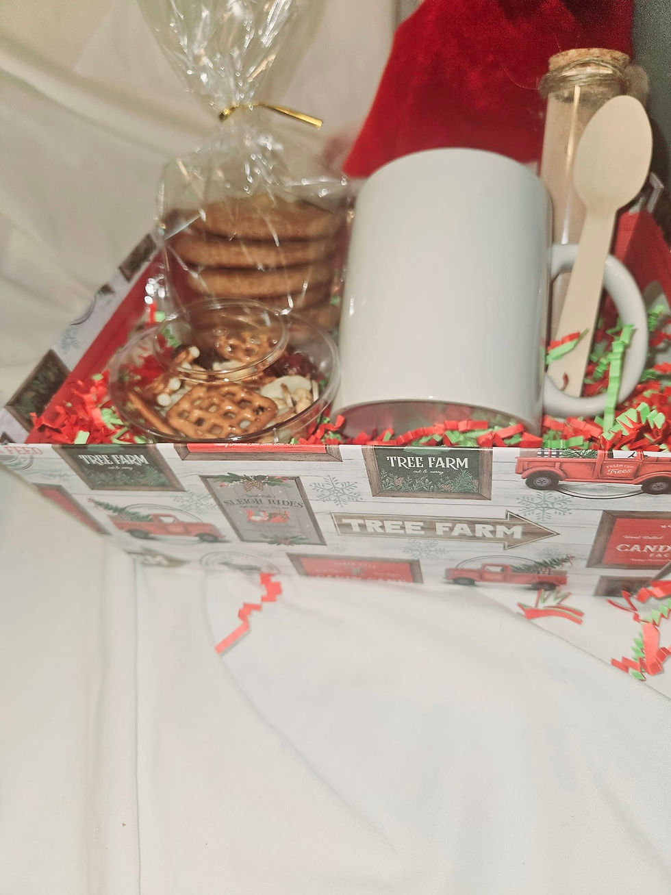 Eye-level view of a cookie gift box with seasonal decorations