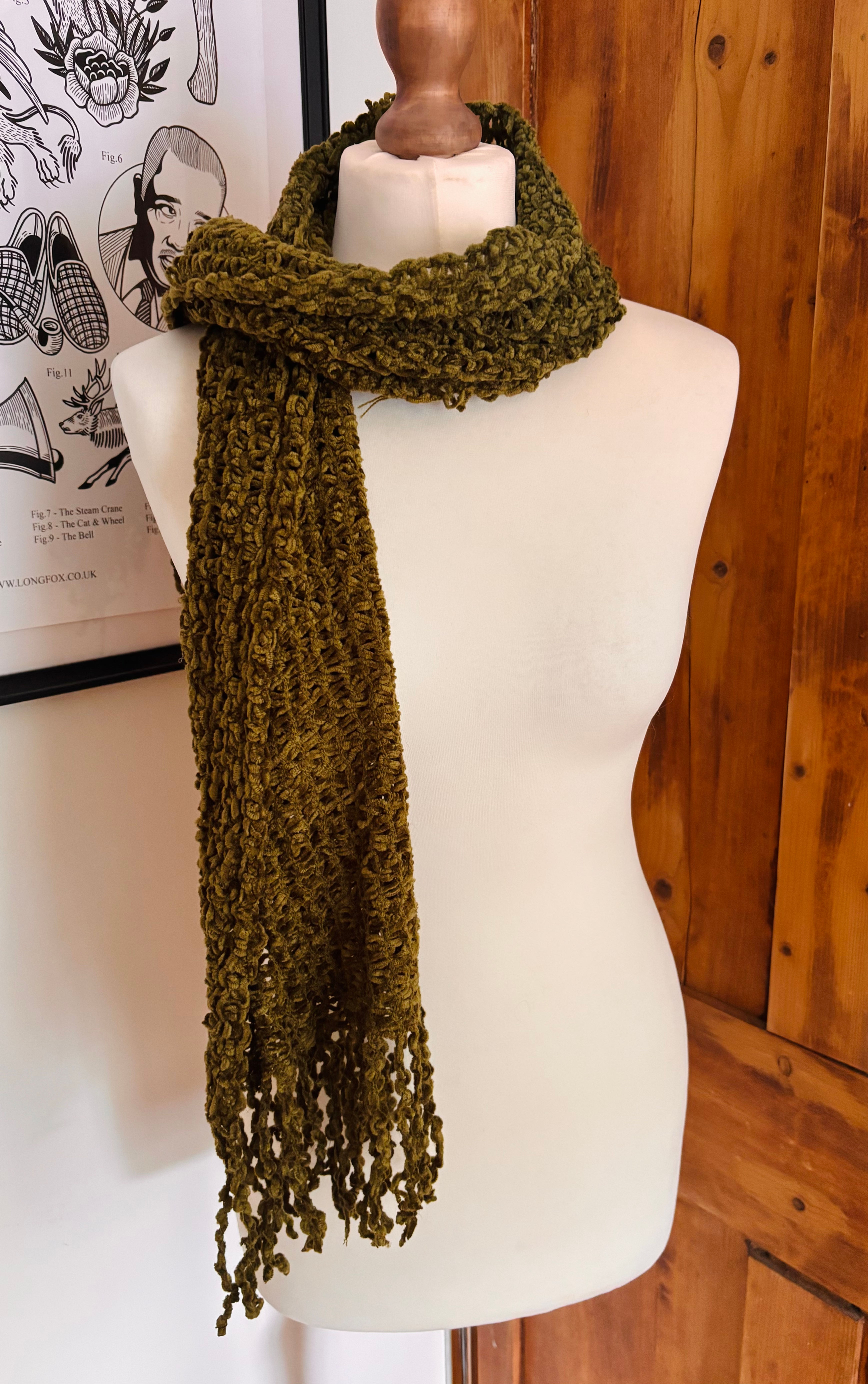 Vintage Hand-Knitted Chenille Scarf - Olive Green