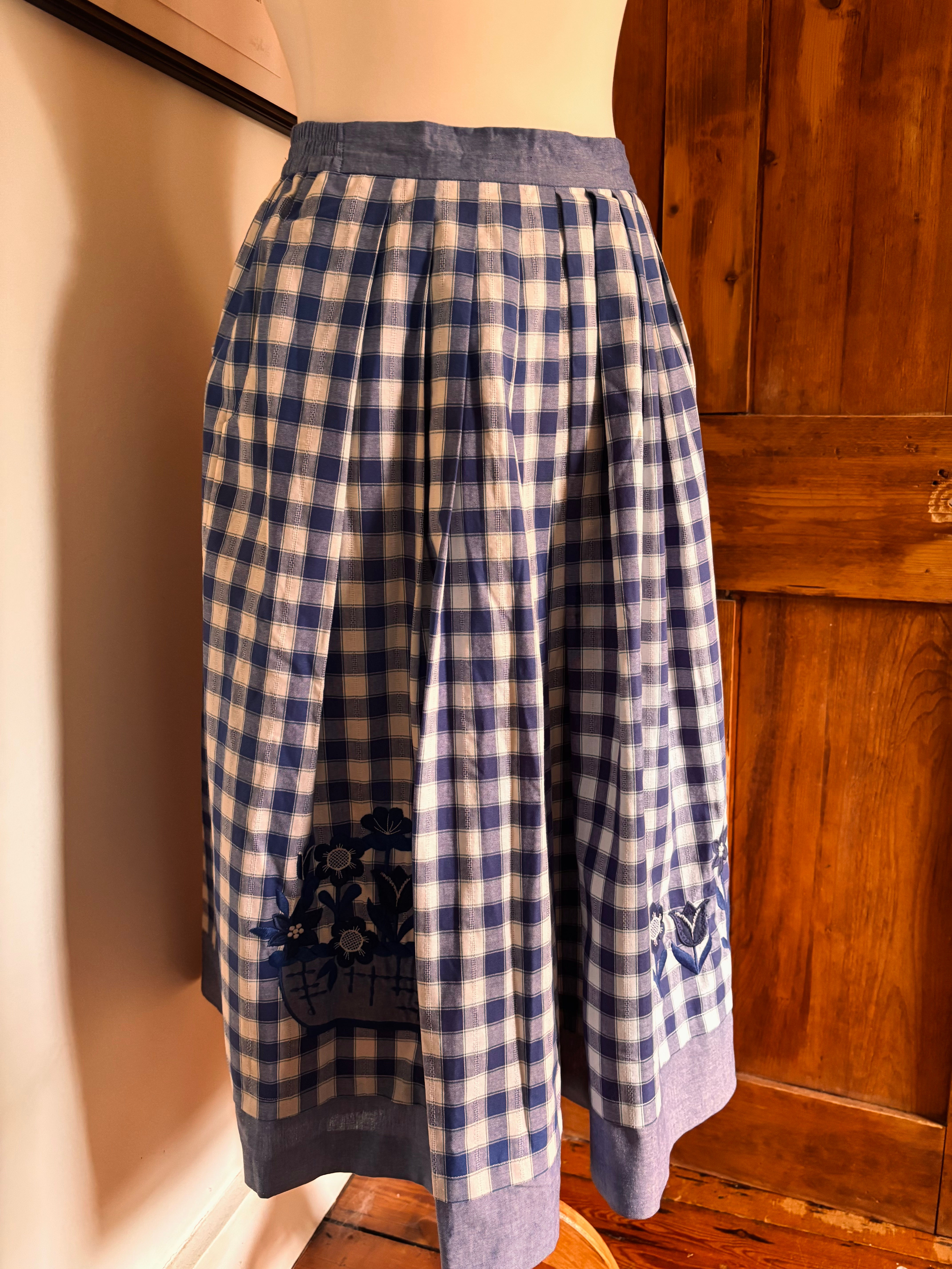Vintage Perry Laundhaus Blue Pleated Gingham Maxi Skirt - Size: 38 (UK 10)