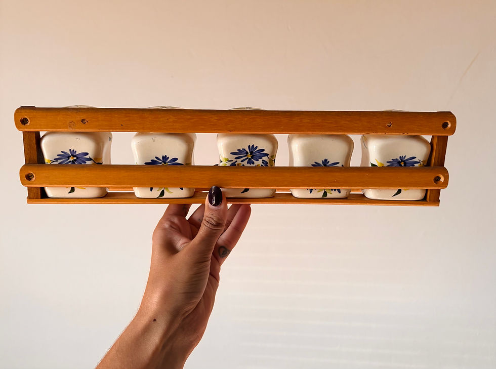 Thumbnail: Vintage Toni Raymond Ceramic Spice Pots & Shelf - Set of 5