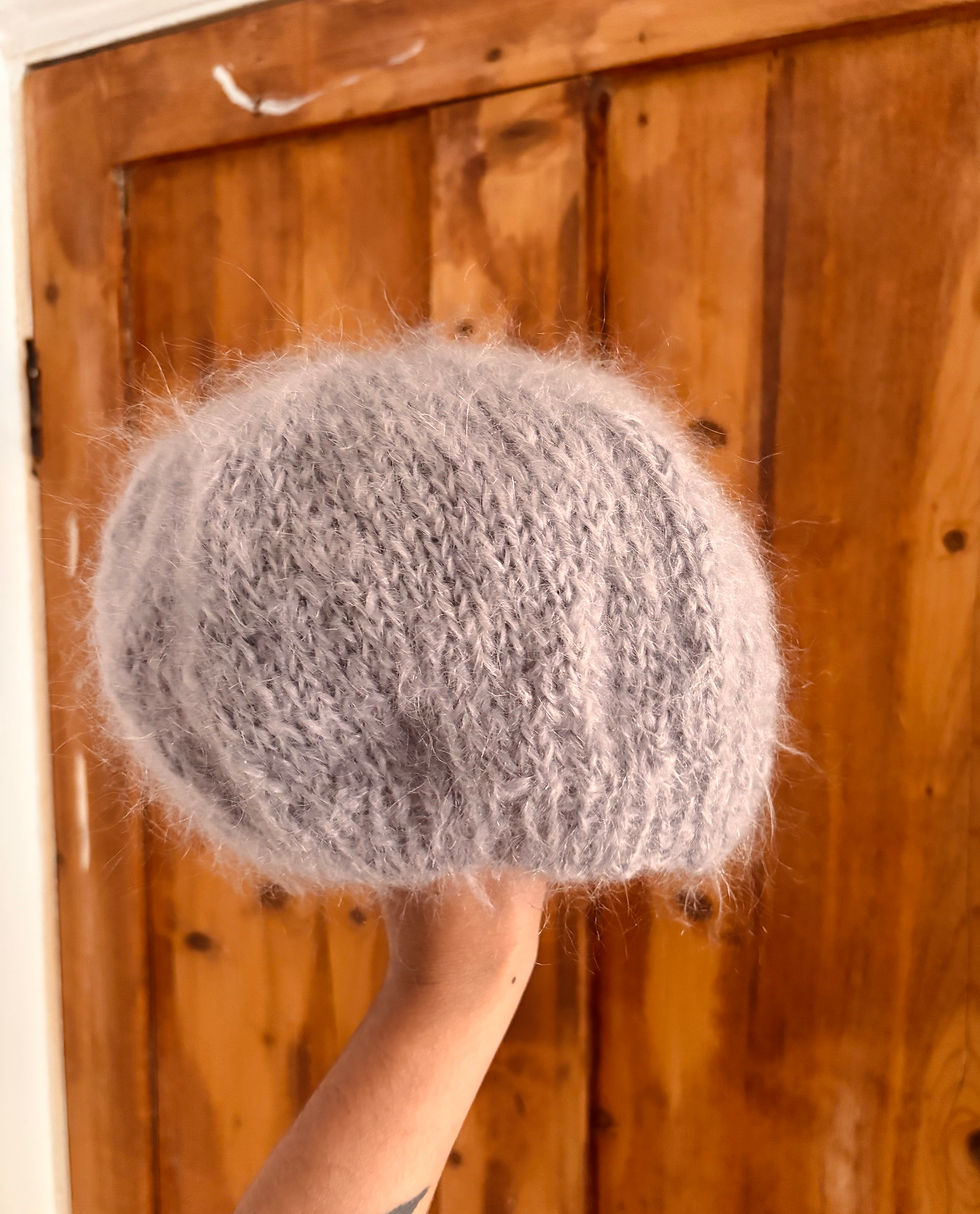 Thumbnail: Vintage Hand-Knitted Grey Fuzzy Beret