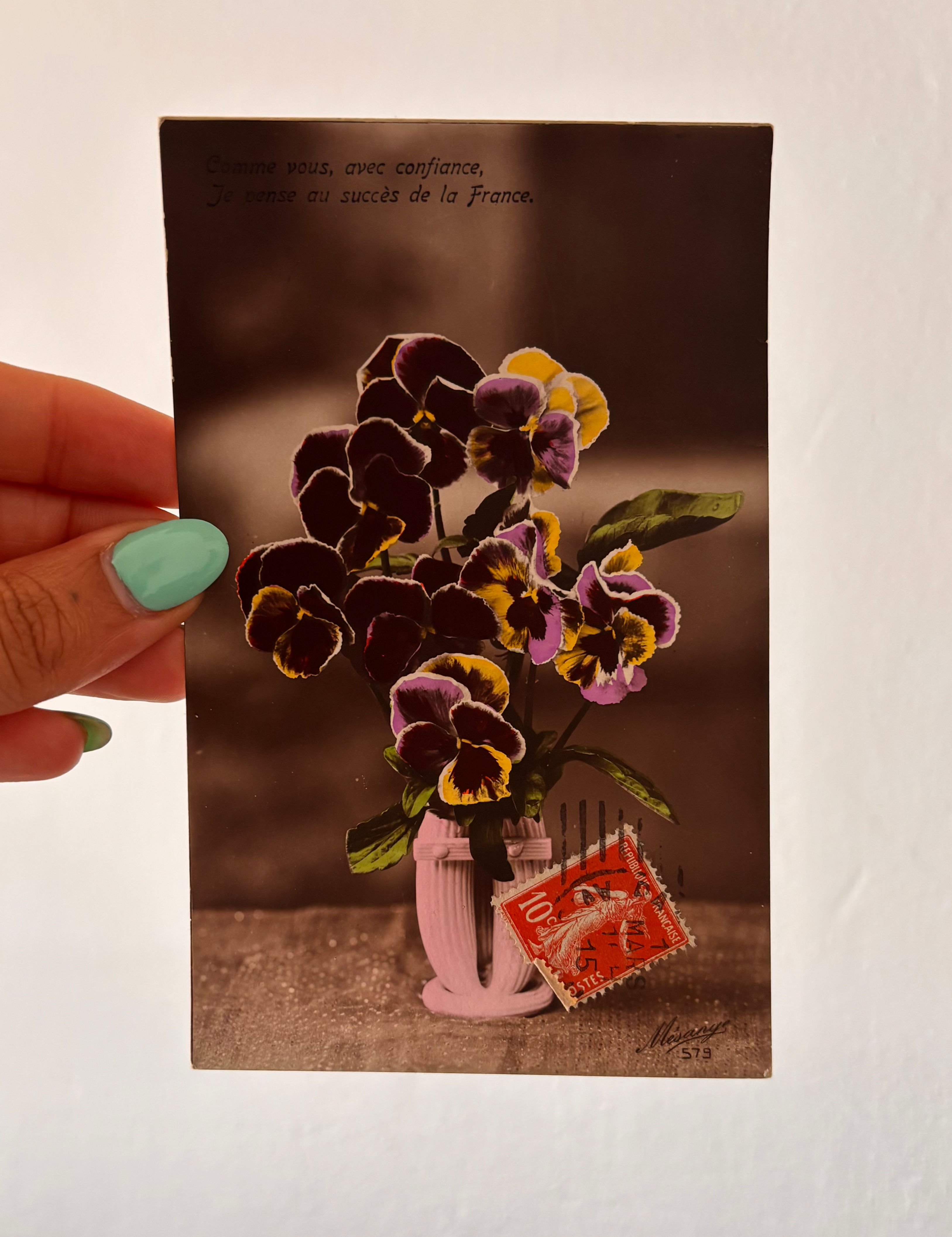 Antique French Postcard - Pansies & Success