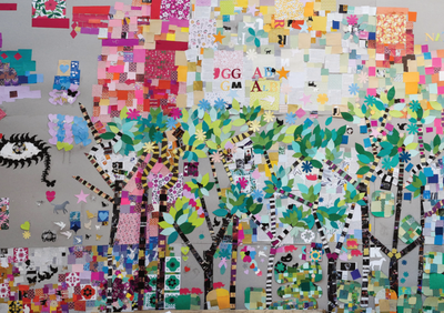 Arbre de collage mural, oeil, texte, motifs colorés, décoratifs, en arrière-plan.