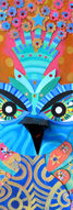 Œuvre d'art colorée représentant un hibou aux détails complexes sur fond orange.