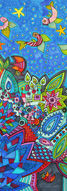 Poisson coloré et étoiles sur fond bleu, illustration artistique et abstraite.