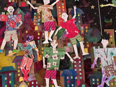 Paysage urbain nocturne et marionnettes de citoyens