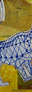 Lion bleu avec motifs géométriques, sur fond jaune, animaux découpés colorés.