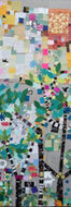 Arbres colorés, texte 'IGG A'. Composition artistique avec des papiers et motifs variés.