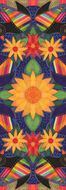 Motif floral coloré avec des fleurs, des poissons et des motifs géométriques sur fond bleu.