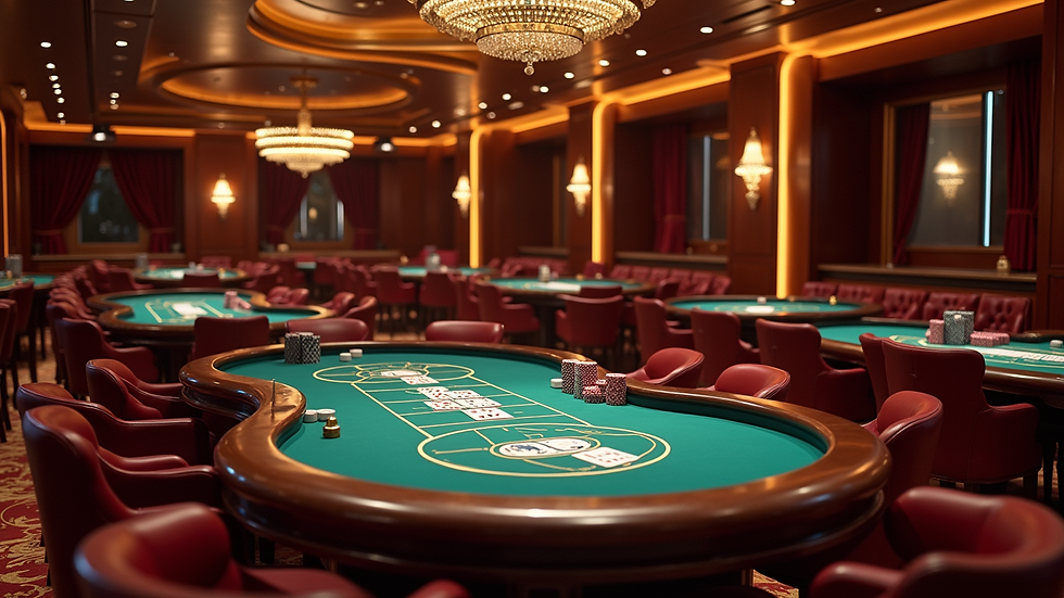 High angle view of a luxury poker room with exclusive high stakes tables