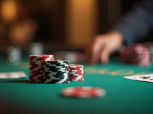 Mesa de poker profissional com fichas empilhadas e cartas em um dos clubes exclusivos de poker