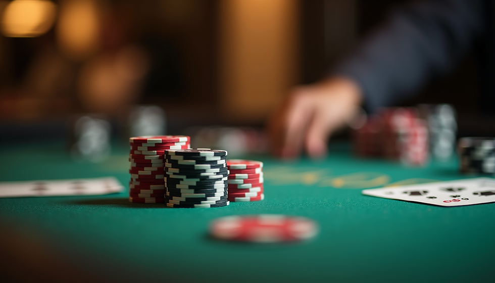 Mesa de poker profissional com fichas empilhadas e cartas em um dos clubes exclusivos de poker