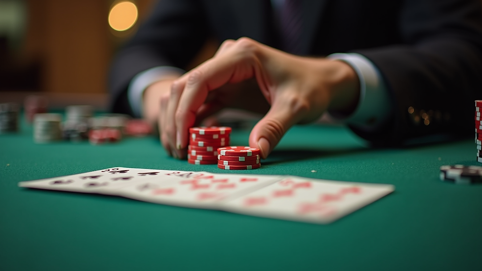 Close-up de fichas de poker empilhadas em mesa de jogo