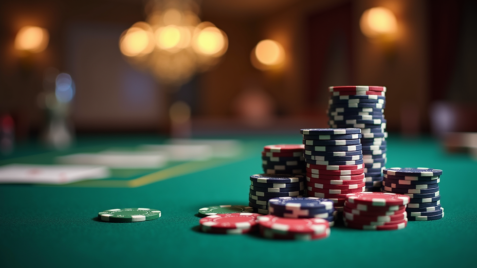 Close-up view of poker chips stacked on a luxury poker table